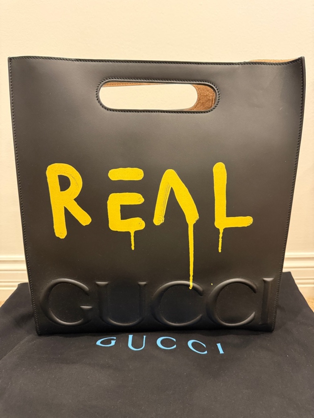 Gucci “REAL” Leather RIHANNA Tote Bag Black Yellow Graffiti Logo Runway NEW‼️